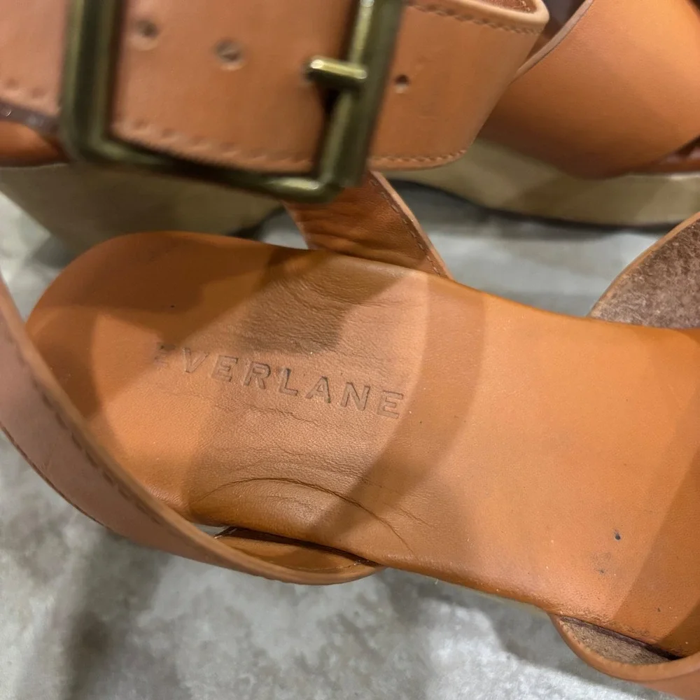 Everlane Leather Crossover Platform Sandal Brown Wood Wedge Ankle Strap sz 7.5 - Picture 9 of 11